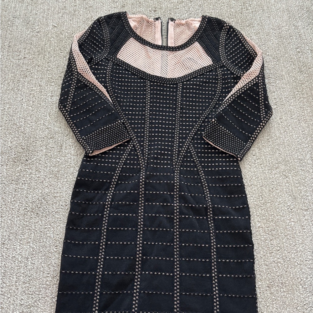 Herve Leger Black and Nude Bodycon Dress with Raglan Sleeves